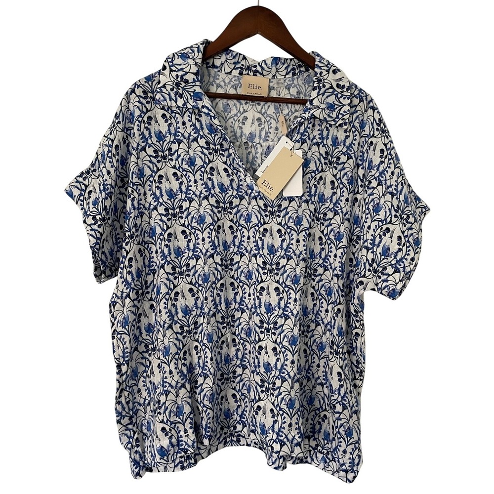 Elie Tahari Womens L 100% Linen Blue White Bird Print Blouse Top Coastal NWT $88